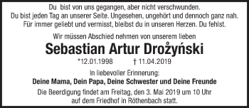 Traueranzeige von Sebastian Artur Drozynski von Pegnitz-Zeitung