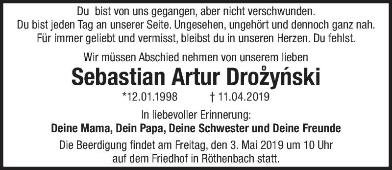  Traueranzeige für Sebastian Artur Drozynski vom 27.04.2019 aus Pegnitz-Zeitung