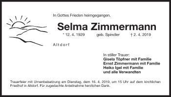 Traueranzeige von Selma Zimmermann Zimmermann von Der Bote