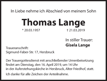 Traueranzeige von Thomas Lange von Hersbrucker Zeitung