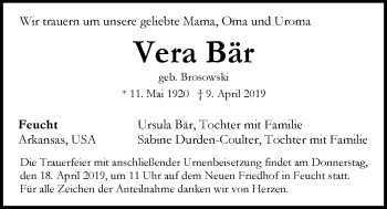Traueranzeige von Vera Bär von Der Bote