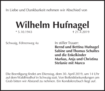 Traueranzeige von Wilhelm Hufnagel von Pegnitz-Zeitung
