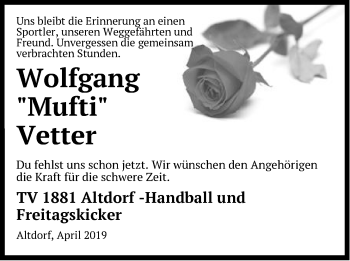 Traueranzeige von Wolfgang Vetter von Der Bote