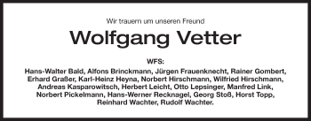 Traueranzeige von Wolfgang Vetter von Der Bote