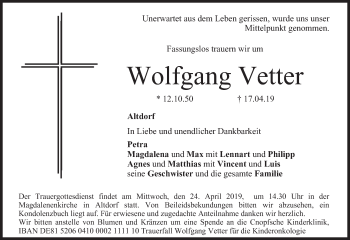 Traueranzeige von Wolfgang Vetter von Der Bote
