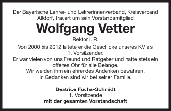 Traueranzeige von Wolfgang Vetter von Der Bote