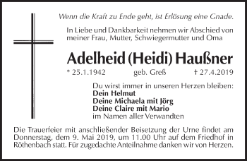 Traueranzeige von Adelheid Haußner von Pegnitz-Zeitung