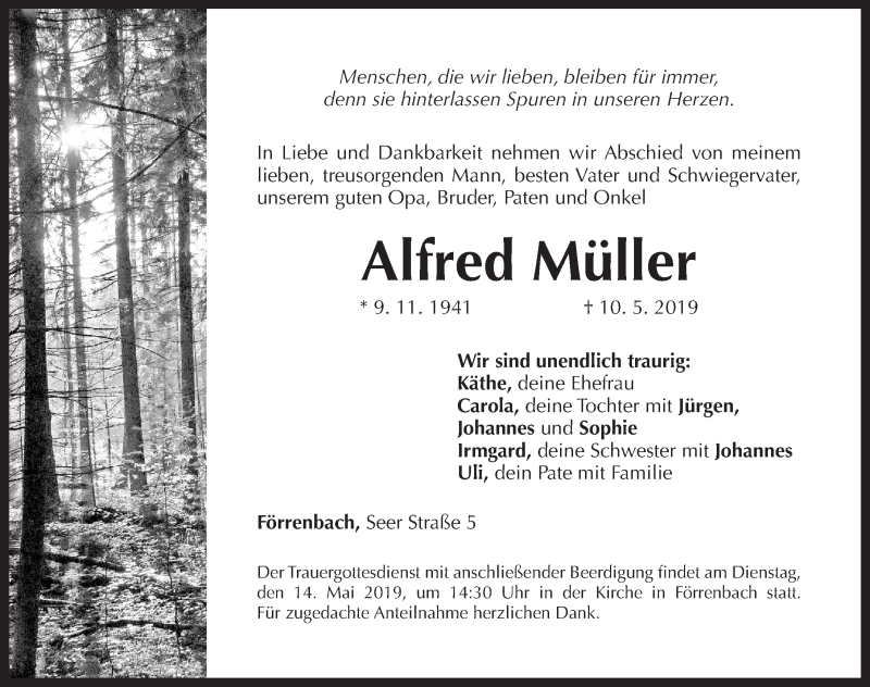  Traueranzeige für Alfred Müller vom 13.05.2019 aus Hersbrucker Zeitung