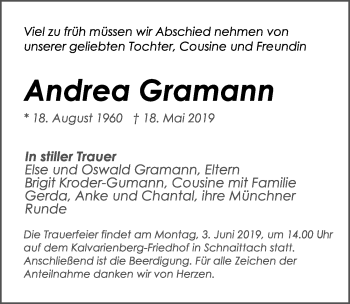 Traueranzeige von Andrea Gramann von Pegnitz-Zeitung