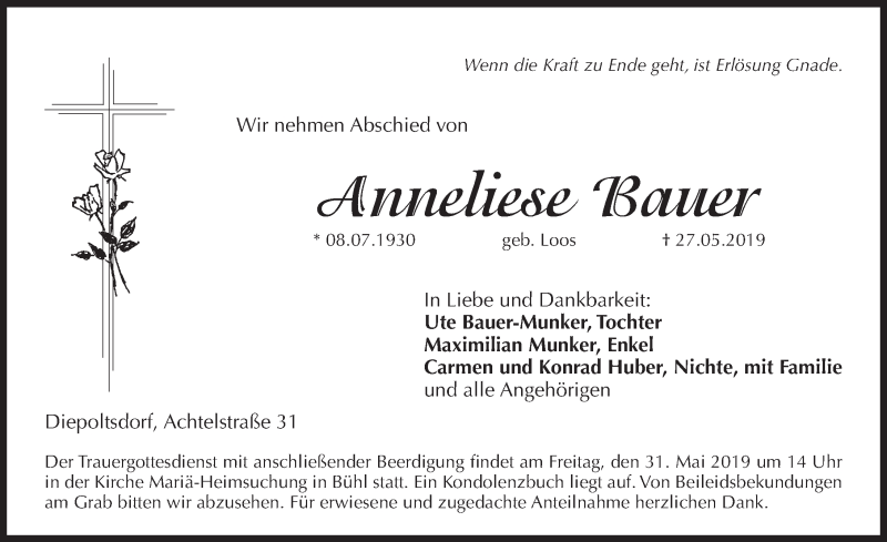  Traueranzeige für Anneliese Bauer vom 29.05.2019 aus Pegnitz-Zeitung