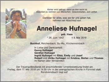 Traueranzeige von Anneliese Hufnagel von Hersbrucker Zeitung