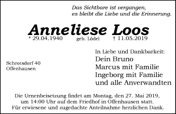 Traueranzeige von Anneliese Loos von Hersbrucker Zeitung