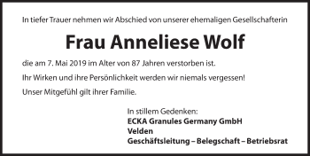 Traueranzeige von Anneliese Wolf von Hersbrucker Zeitung