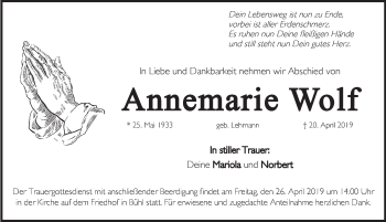 Traueranzeige von Annemarie Wolf von Pegnitz-Zeitung