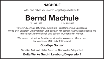 Traueranzeige von Bernd Machule von Pegnitz-Zeitung