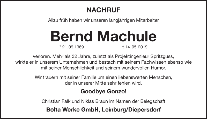  Traueranzeige für Bernd Machule vom 22.05.2019 aus Pegnitz-Zeitung