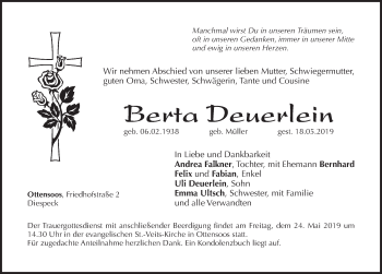 Traueranzeige von Berta Deuerlein von Pegnitz-Zeitung