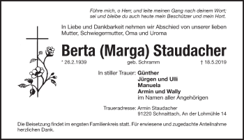 Traueranzeige von Berta Staudacher von Pegnitz-Zeitung
