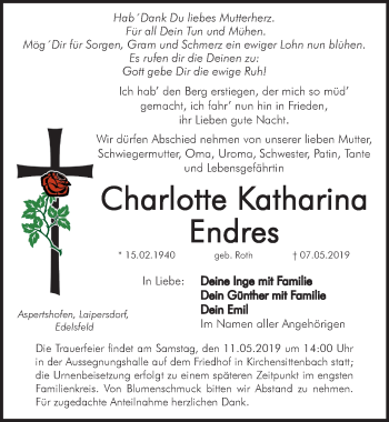 Traueranzeige von Charlotte Katharina Endres von Pegnitz-Zeitung