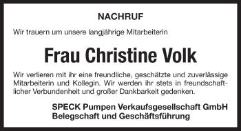 Traueranzeige von Christine Volk von Pegnitz-Zeitung