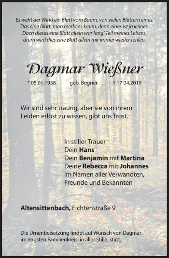 Traueranzeige von Dagmar Wießner von Hersbrucker Zeitung