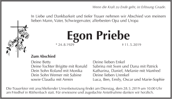 Traueranzeige von Egon Priebe von Pegnitz-Zeitung