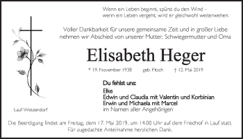 Traueranzeige von Elisabeth Heger von Pegnitz-Zeitung