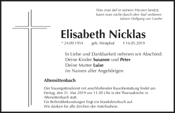 Traueranzeige von Elisabeth Nicklas von Hersbrucker Zeitung