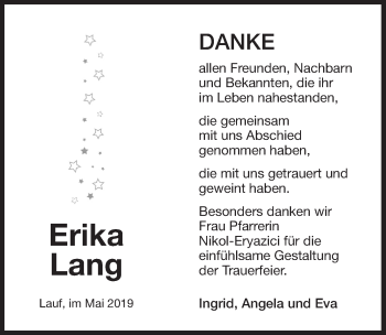 Traueranzeige von Erika Lang von Pegnitz-Zeitung