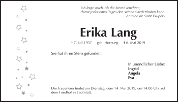 Traueranzeige von Erika Lang von Pegnitz-Zeitung
