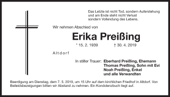 Traueranzeige von Erika Preißing von Der Bote