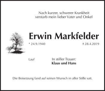 Traueranzeige von Erwin Markfelder von Pegnitz-Zeitung
