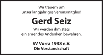 Traueranzeige von Gerd Seiz von Hersbrucker Zeitung