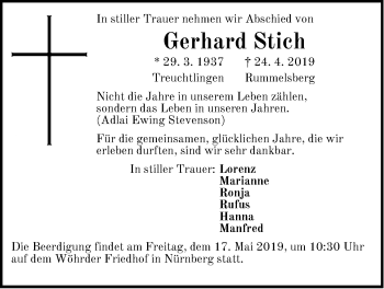Traueranzeige von Gerhard Stich von Der Bote