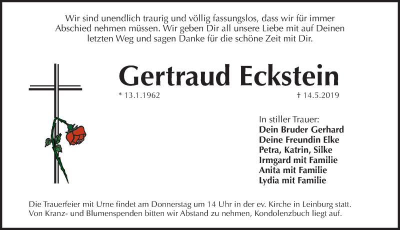  Traueranzeige für Gertraud Eckstein vom 22.05.2019 aus Pegnitz-Zeitung