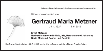 Traueranzeige von Gertraud Maria Metzner von Der Bote