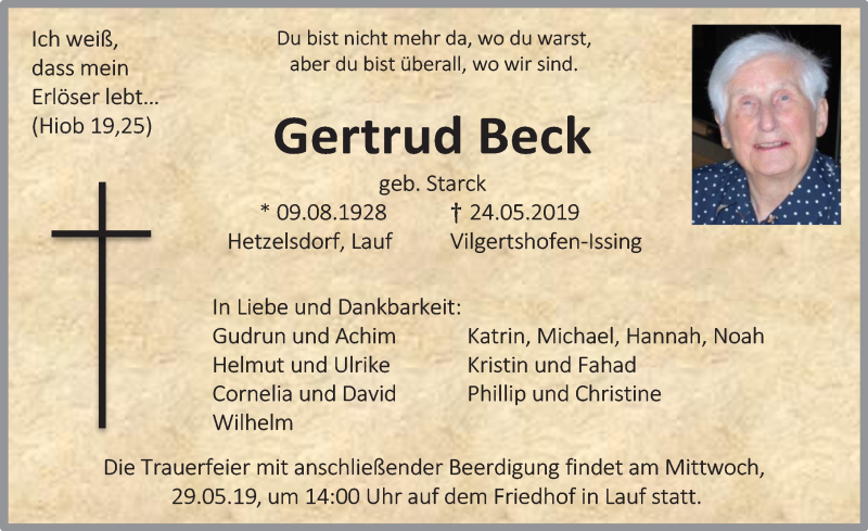  Traueranzeige für Gertrud Beck vom 28.05.2019 aus Pegnitz-Zeitung