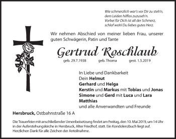 Traueranzeige von Gertrud Roschlaub von Hersbrucker Zeitung