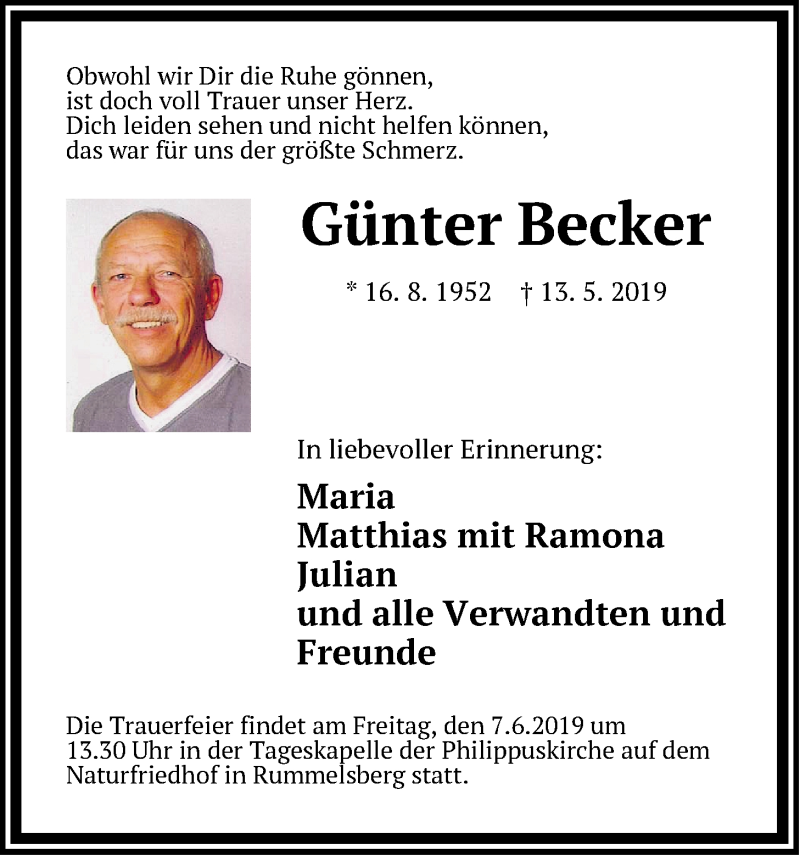 Traueranzeige für Günter  Becker vom 01.06.2019 aus Der Bote