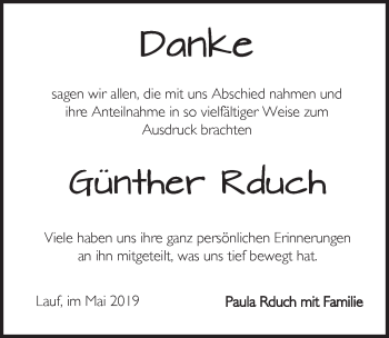 Traueranzeige von Günther Rduch von Pegnitz-Zeitung