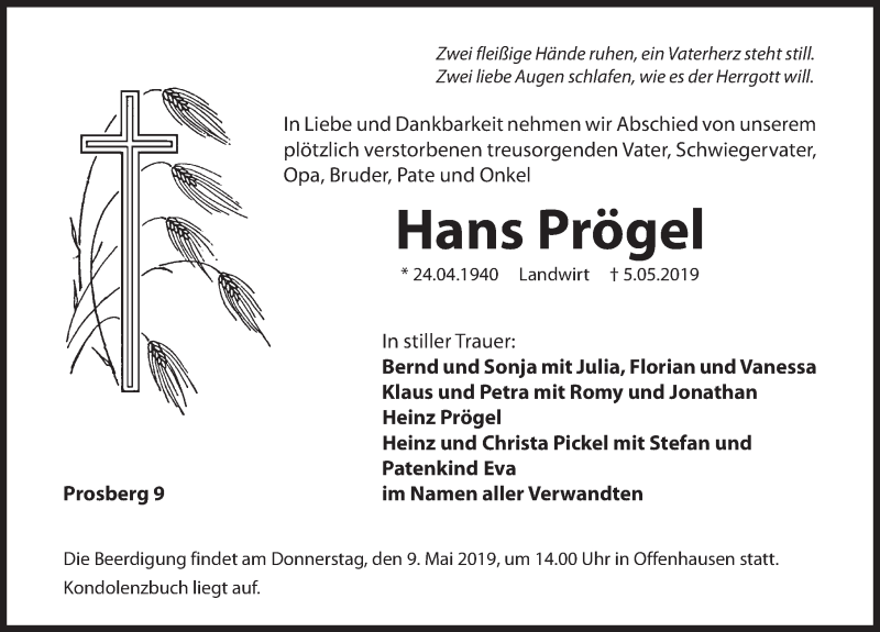  Traueranzeige für Hans Prögel vom 07.05.2019 aus Hersbrucker Zeitung