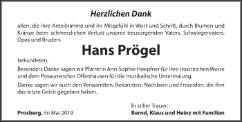 Traueranzeige von Hans Prögel von Hersbrucker Zeitung