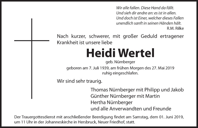  Traueranzeige für Heidi Wertel vom 29.05.2019 aus Hersbrucker Zeitung