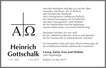Traueranzeige von Heinrich Gottschalk von Pegnitz-Zeitung