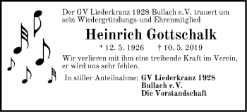 Traueranzeige von Heinrich Gottschalk von Pegnitz-Zeitung