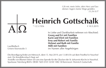Traueranzeige von Heinrich Gottschalk von Pegnitz-Zeitung