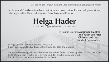 Traueranzeige von Helga Hader von Hersbrucker Zeitung