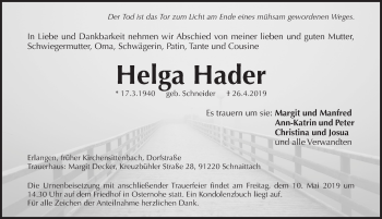 Traueranzeige von Helga Hader von Pegnitz-Zeitung