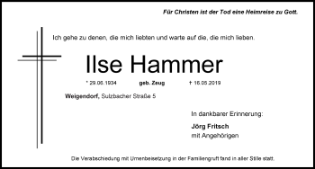 Traueranzeige von Ilse Hammer von Hersbrucker Zeitung