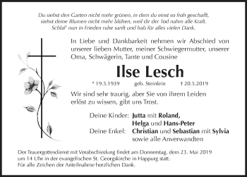 Traueranzeige von Ilse Lesch von Hersbrucker Zeitung